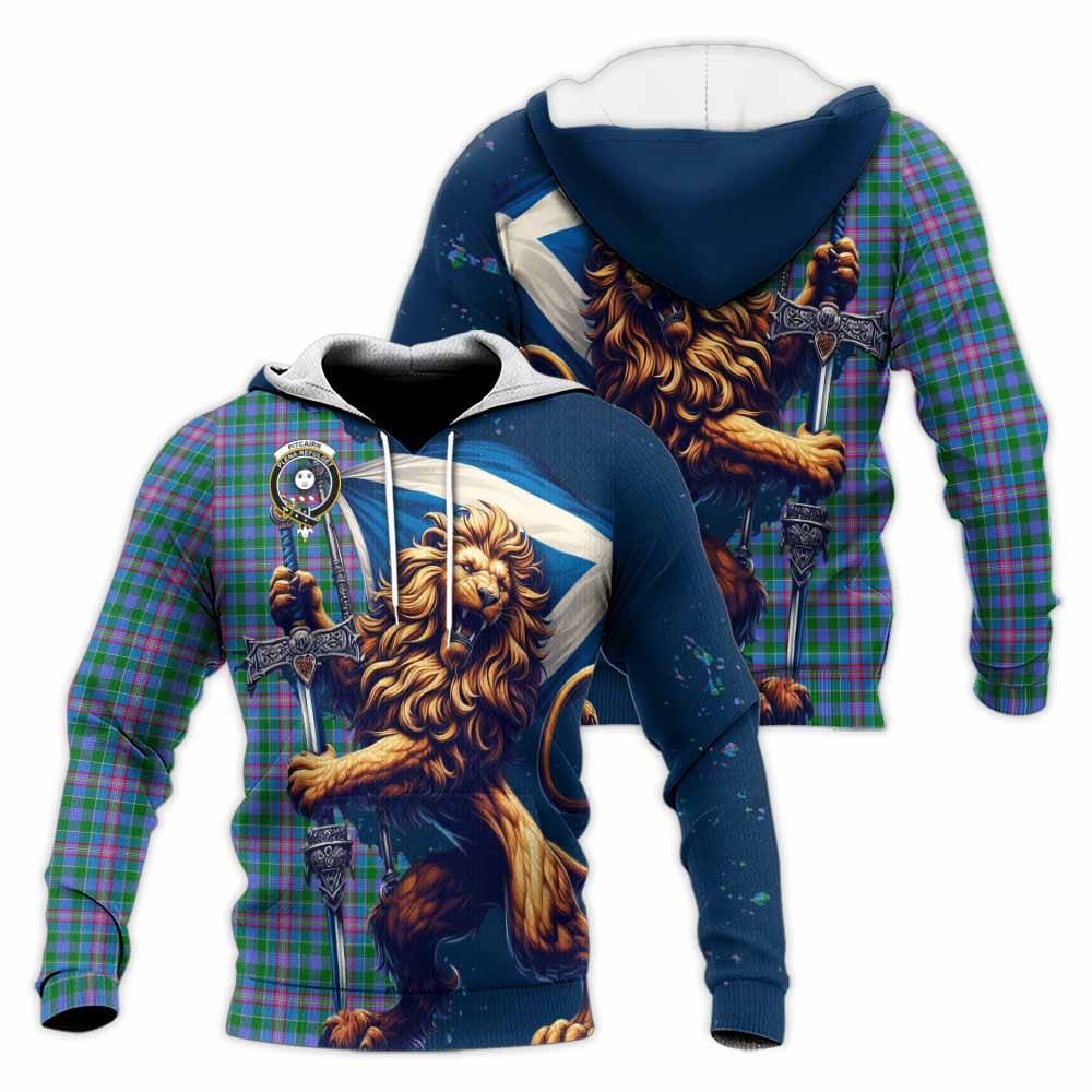 Tartan Vibes Clothing Pitcairn Tartan Family Crest Knitted Hoodie with Scottish Majestic Lion