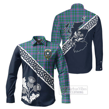 Pitcairn Tartan Long Sleeve Button Shirt Featuring Thistle and Scotland Map