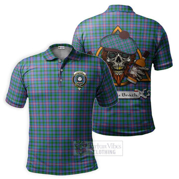 Pitcairn Tartan Polo Shirt with Family Crest and Bearded Skull Holding Bottles of Whiskey