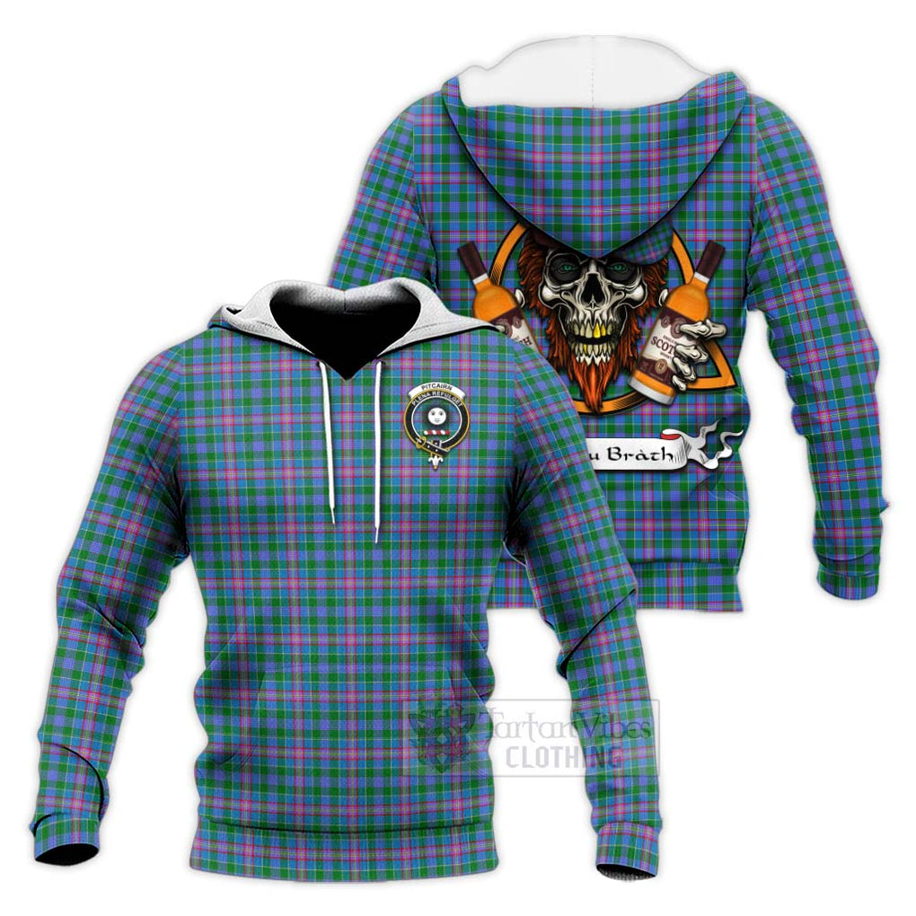 Tartan Vibes Clothing Pitcairn Tartan Knitted Hoodie with Family Crest and Bearded Skull Holding Bottles of Whiskey