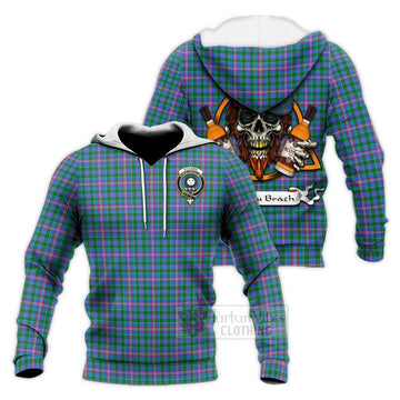 Pitcairn Tartan Knitted Hoodie with Family Crest and Bearded Skull Holding Bottles of Whiskey