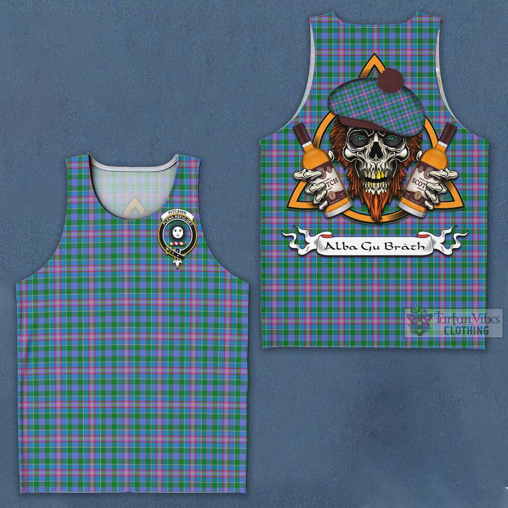 Tartan Vibes Clothing Pitcairn Tartan Men's Tank Top with Family Crest and Bearded Skull Holding Bottles of Whiskey