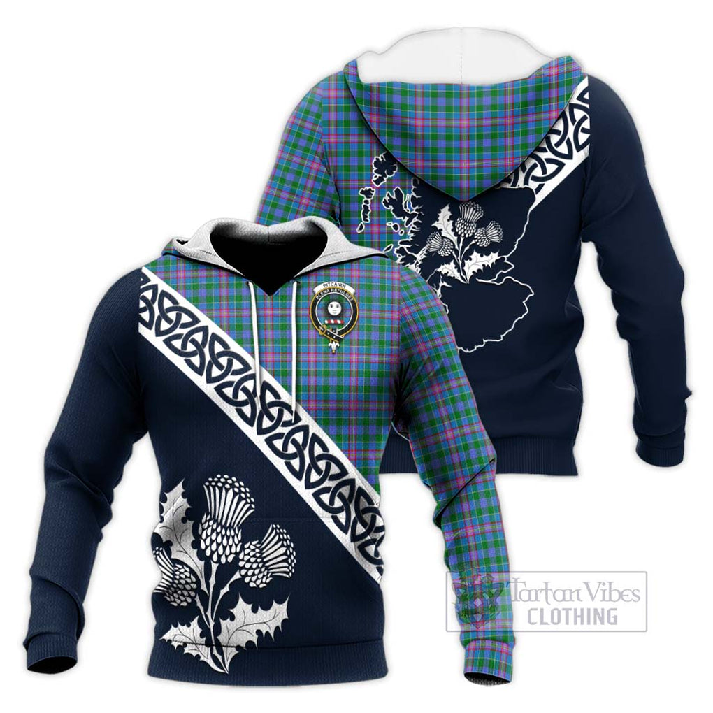 Tartan Vibes Clothing Pitcairn Tartan Knitted Hoodie Featuring Thistle and Scotland Map