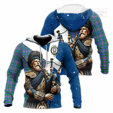 Pitcairn Tartan Knitted Hoodie with Family Crest Scottish Bagpiper Vibes