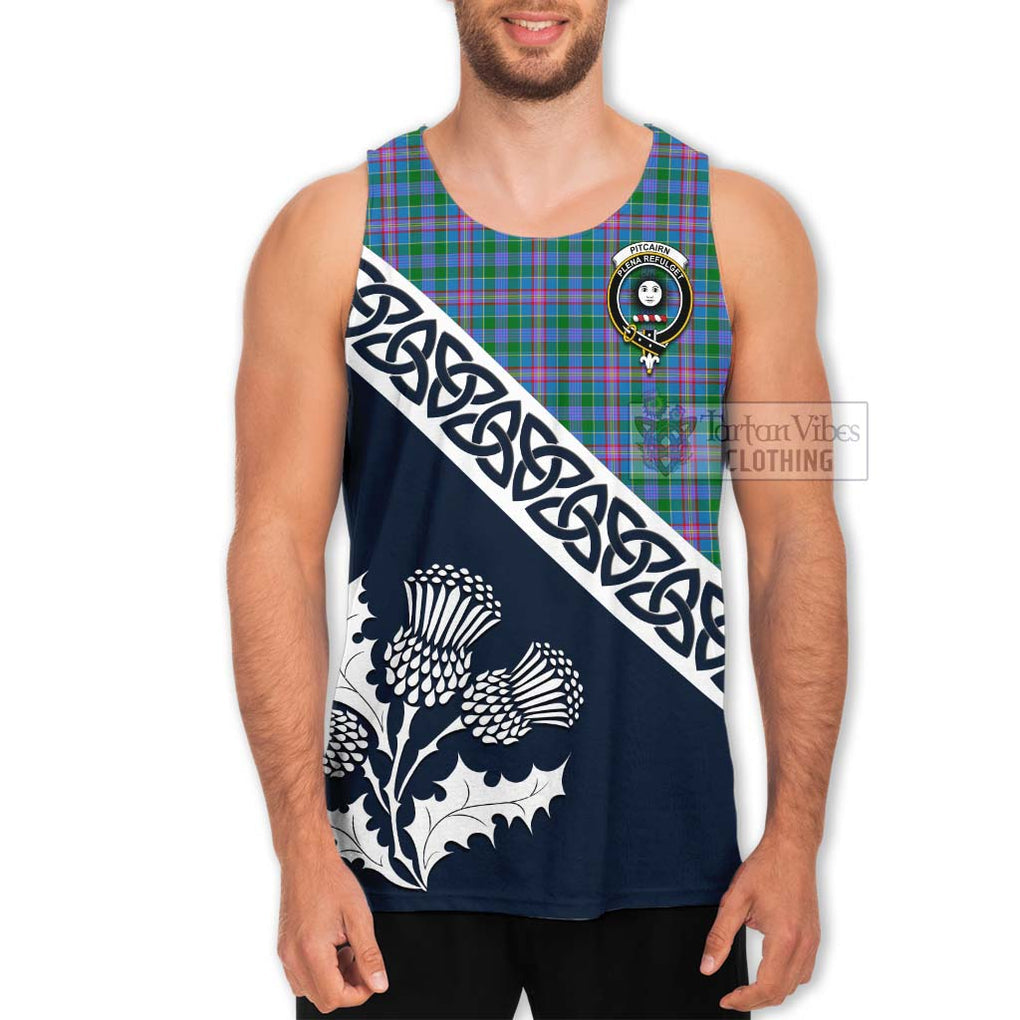 Tartan Vibes Clothing Pitcairn Tartan Men's Tank Top Featuring Thistle and Scotland Map