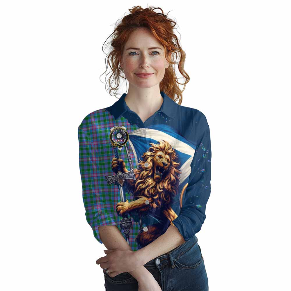 Tartan Vibes Clothing Pitcairn Tartan Family Crest Women's Casual Shirt with Scottish Majestic Lion