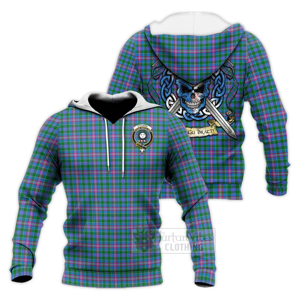 Tartan Vibes Clothing Pitcairn Tartan Knitted Hoodie with Family Crest Celtic Skull Style