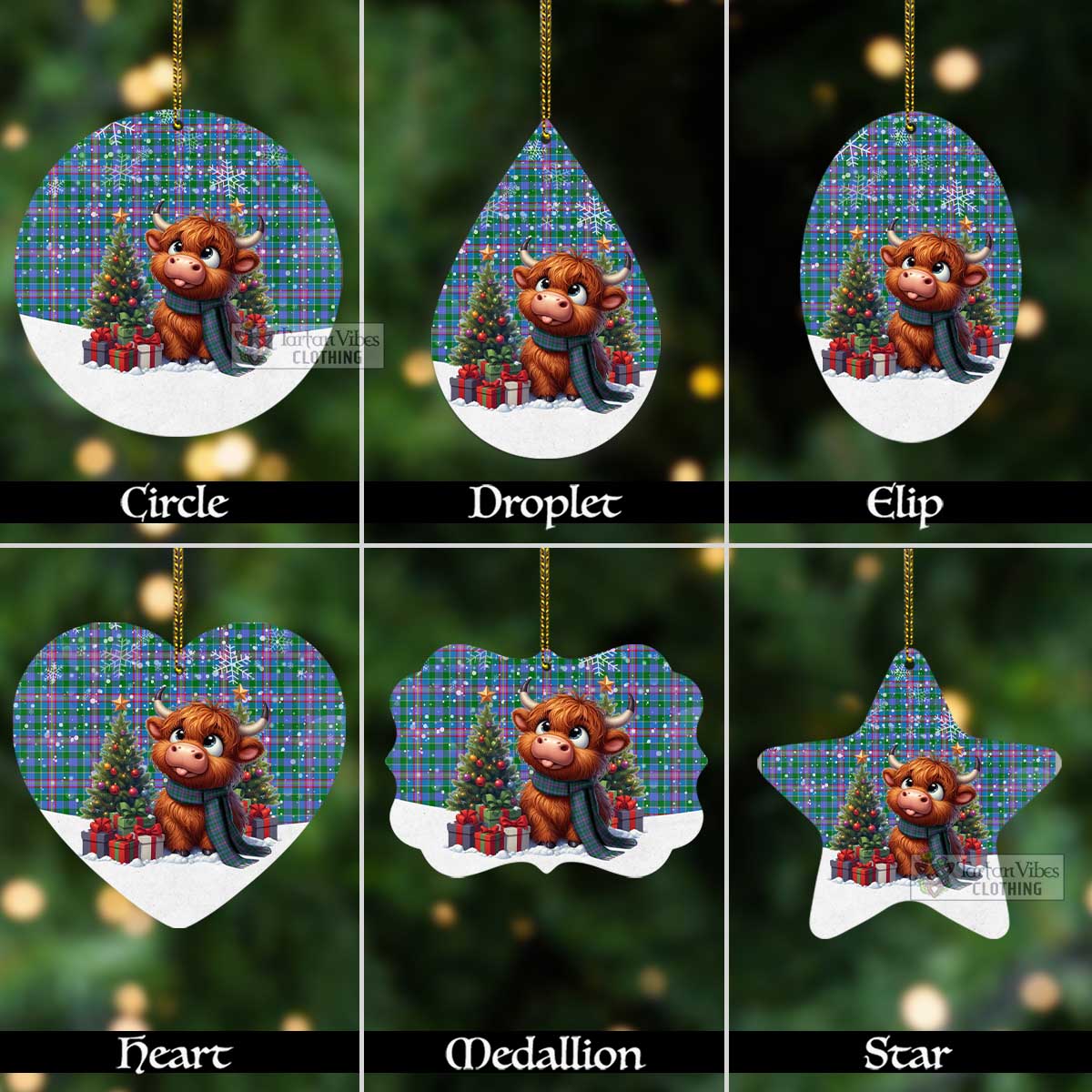 Tartan Vibes Clothing Pitcairn Tartan Christmas Aluminium Ornament with Adorable Highland Coo