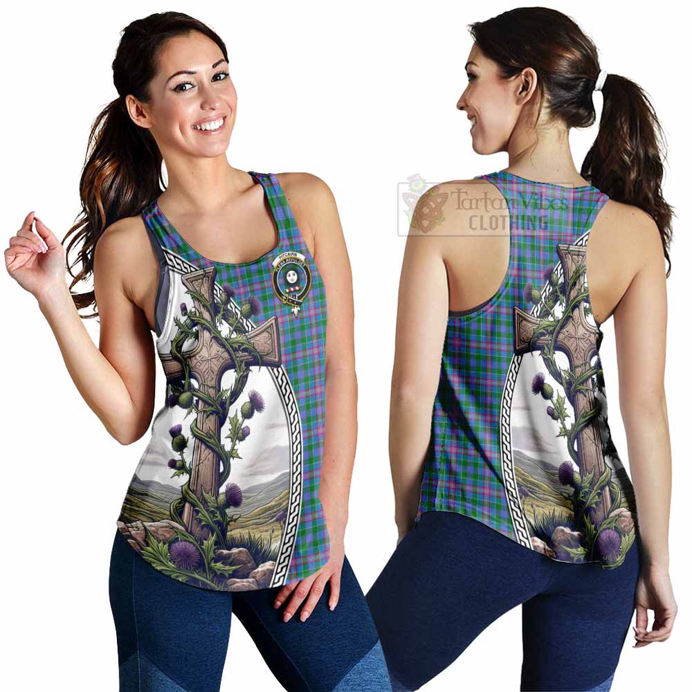 Tartan Vibes Clothing Pitcairn Tartan Women's Racerback Tanks with Family Crest and St. Andrew's Cross Accented by Thistle Vines