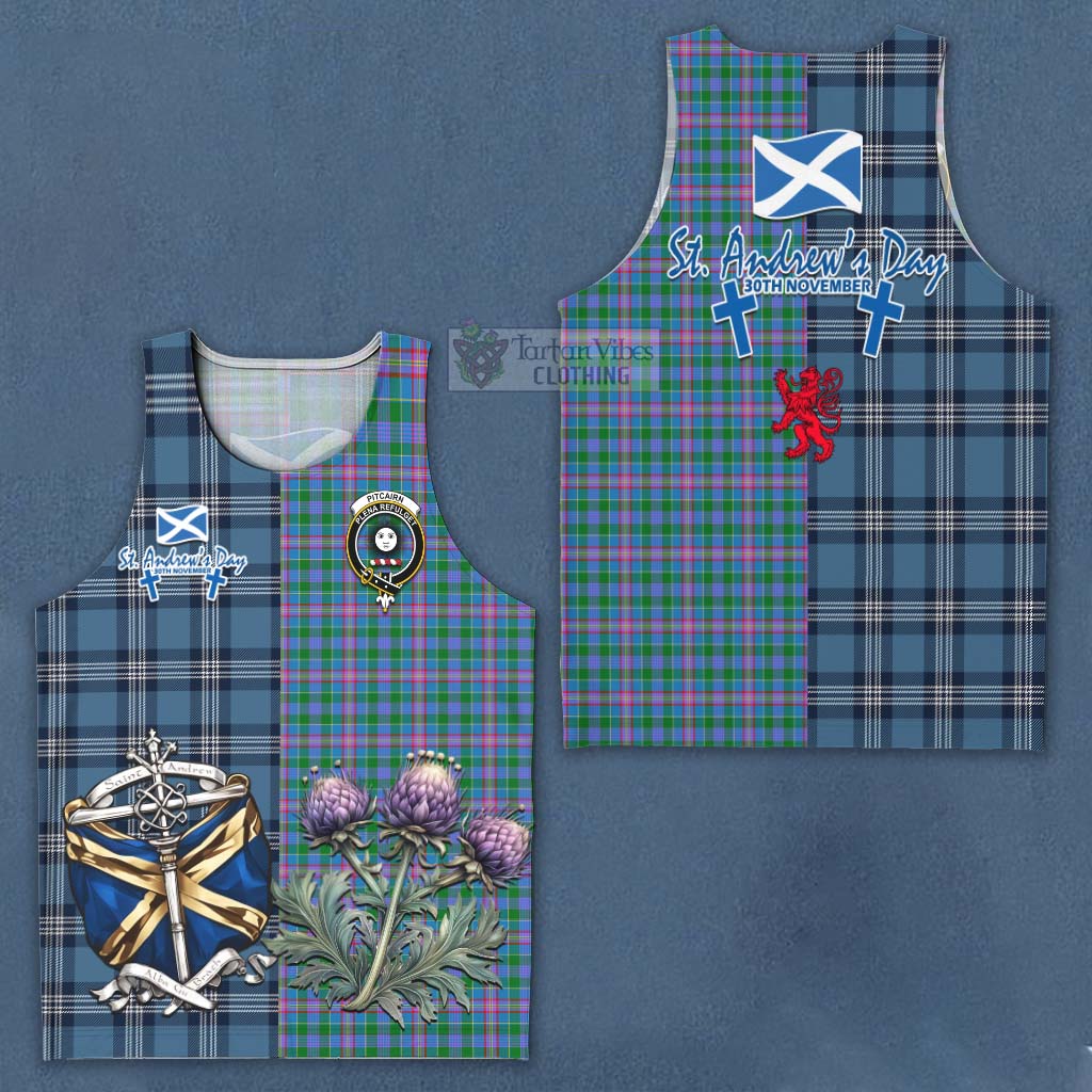 Tartan Vibes Clothing Pitcairn Tartan Men's Tank Top Happy St. Andrew's Day Half Tartan Style