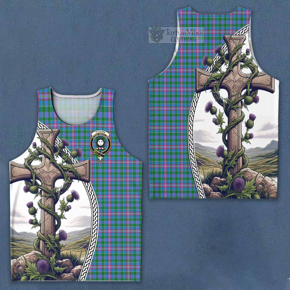 Tartan Vibes Clothing Pitcairn Tartan Men's Tank Top with Family Crest and St. Andrew's Cross Accented by Thistle Vines