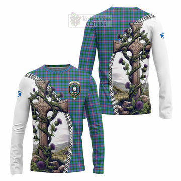 Pitcairn Tartan Long Sleeve T-Shirt with Family Crest and St. Andrew's Cross Accented by Thistle Vines Unisex - Tartan Vibes Clothing