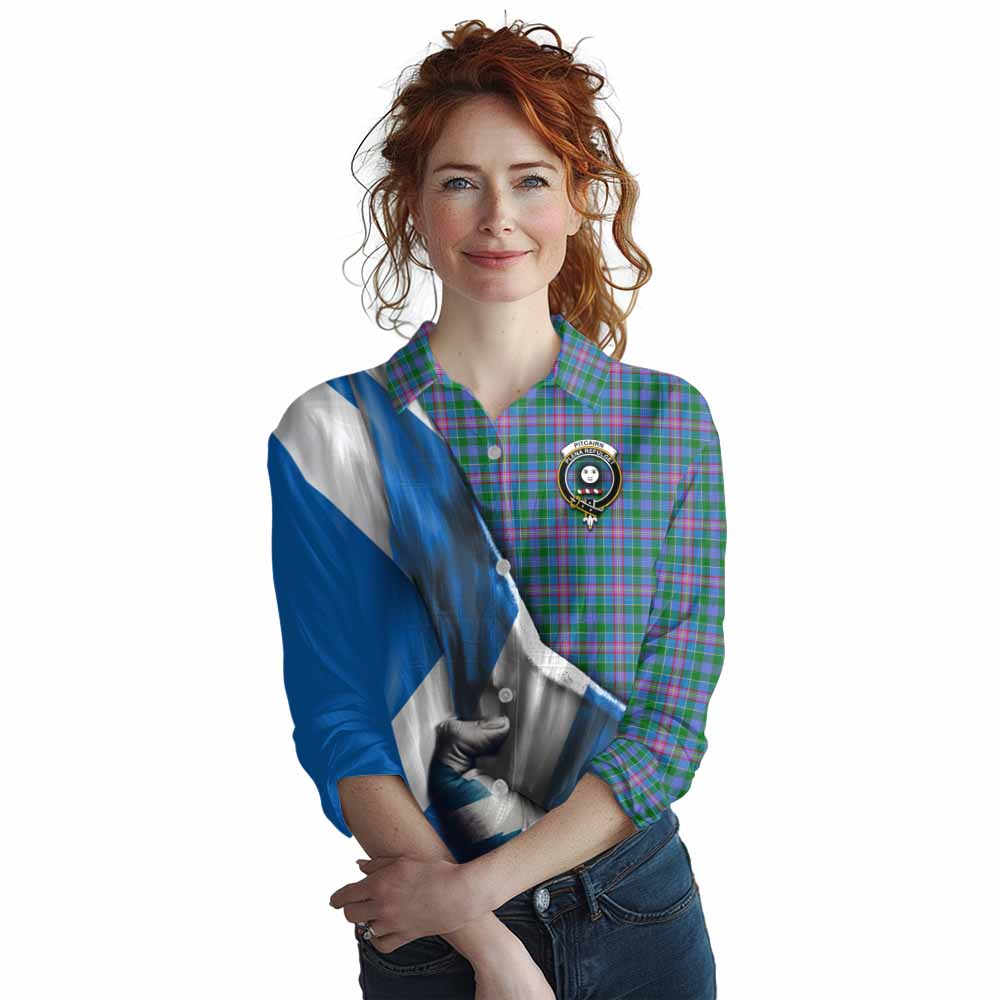 Tartan Vibes Clothing Pitcairn Tartan Women's Casual Shirt with Family Crest Scotland Patriotic Style