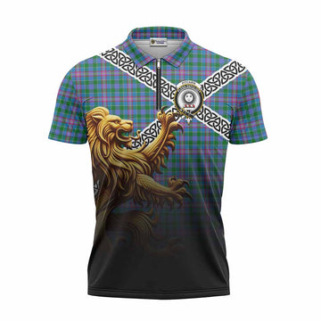 Pitcairn Crest Tartan Zipper Polo Shirt with Golden Lion Emblem Celtic Style Unisex - Tartan Vibes Clothing