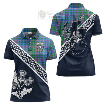 Pitcairn Tartan Women's Polo Shirt Featuring Thistle and Scotland Map