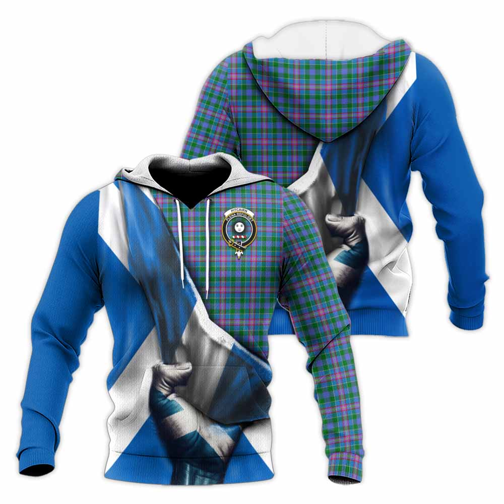 Tartan Vibes Clothing Pitcairn Tartan Knitted Hoodie with Family Crest Scotland Patriotic Style