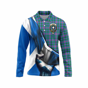Pitcairn Tartan Long Sleeve Polo Shirt with Family Crest Scotland Patriotic Style Unisex - Tartan Vibes Clothing