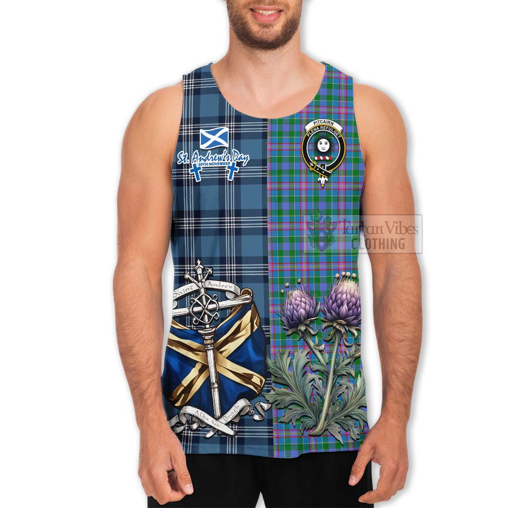 Tartan Vibes Clothing Pitcairn Tartan Men's Tank Top Happy St. Andrew's Day Half Tartan Style