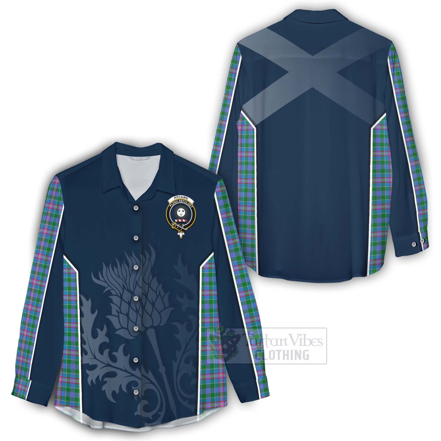 Tartan Vibes Clothing Pitcairn Tartan Women's Casual Shirt with Family Crest and Scottish Thistle Vibes Sport Style