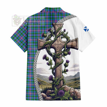 Pitcairn Tartan Hawaiian Shirt with Family Crest and St. Andrew's Cross Accented by Thistle Vines - Tartan Vibes Clothing