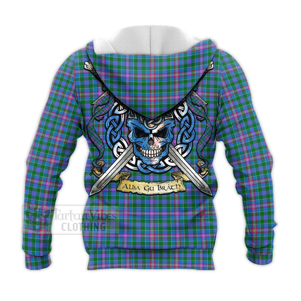 Tartan Vibes Clothing Pitcairn Tartan Knitted Hoodie with Family Crest Celtic Skull Style