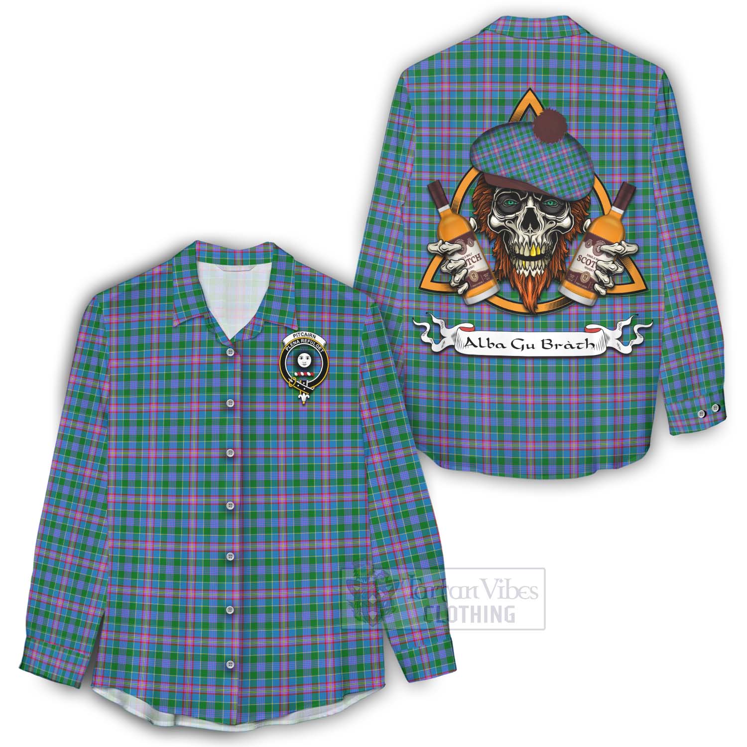 Tartan Vibes Clothing Pitcairn Tartan Women's Casual Shirt with Family Crest and Bearded Skull Holding Bottles of Whiskey