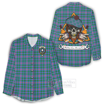 Pitcairn Tartan Women's Casual Shirt with Family Crest and Bearded Skull Holding Bottles of Whiskey