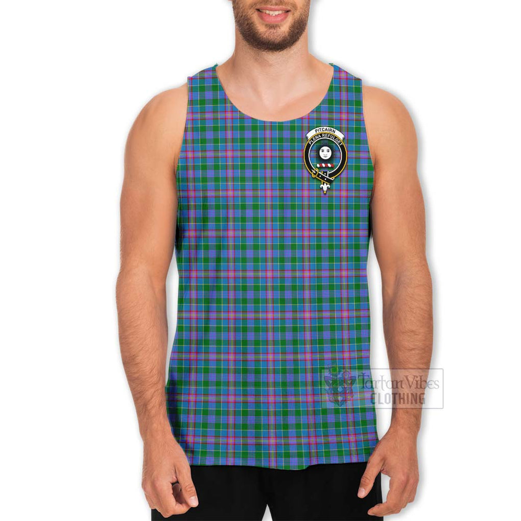 Tartan Vibes Clothing Pitcairn Tartan Men's Tank Top with Family Crest and Bearded Skull Holding Bottles of Whiskey