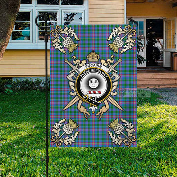 Pitcairn Tartan Flag with Family Crest and Golden Thistle Crossed Sword Design