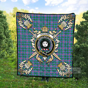 Pitcairn Tartan Quilt with Family Crest and Scottish Golden Courage Shield