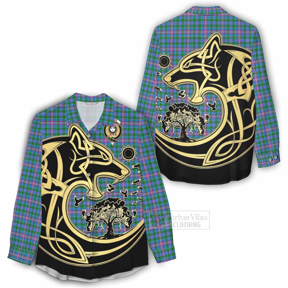 Tartan Vibes Clothing Pitcairn Tartan Women's Casual Shirt with Family Crest Celtic Wolf Style