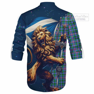 Pitcairn Tartan Family Crest Ghillie Kilt Shirt with Scottish Majestic Lion - Tartan Vibes Clothing