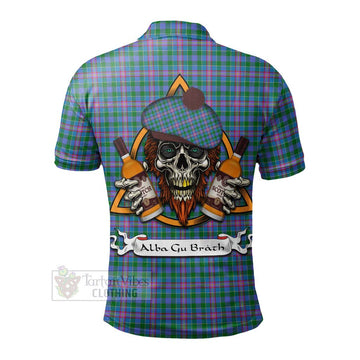 Pitcairn Tartan Polo Shirt with Family Crest and Bearded Skull Holding Bottles of Whiskey