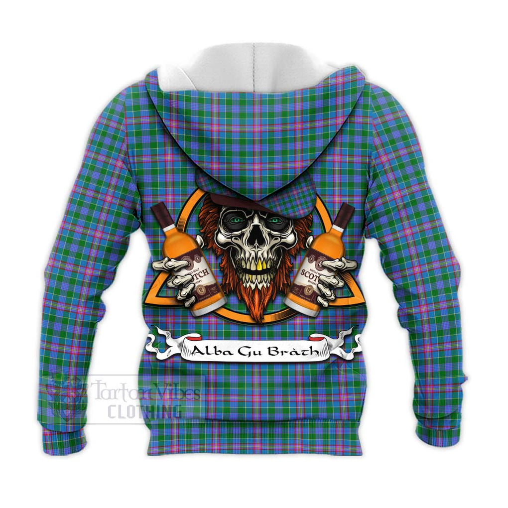 Tartan Vibes Clothing Pitcairn Tartan Knitted Hoodie with Family Crest and Bearded Skull Holding Bottles of Whiskey