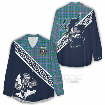 Pitcairn Tartan Women's Casual Shirt Featuring Thistle and Scotland Map