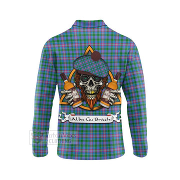 Pitcairn Tartan Long Sleeve Polo Shirt with Family Crest and Bearded Skull Holding Bottles of Whiskey - Tartan Vibes Clothing