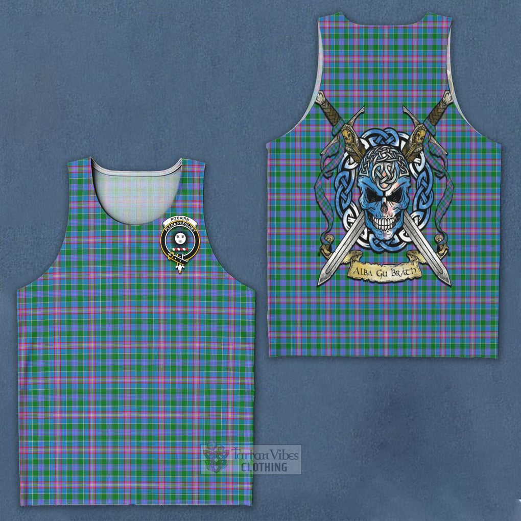 Tartan Vibes Clothing Pitcairn Tartan Men's Tank Top with Family Crest Celtic Skull Style