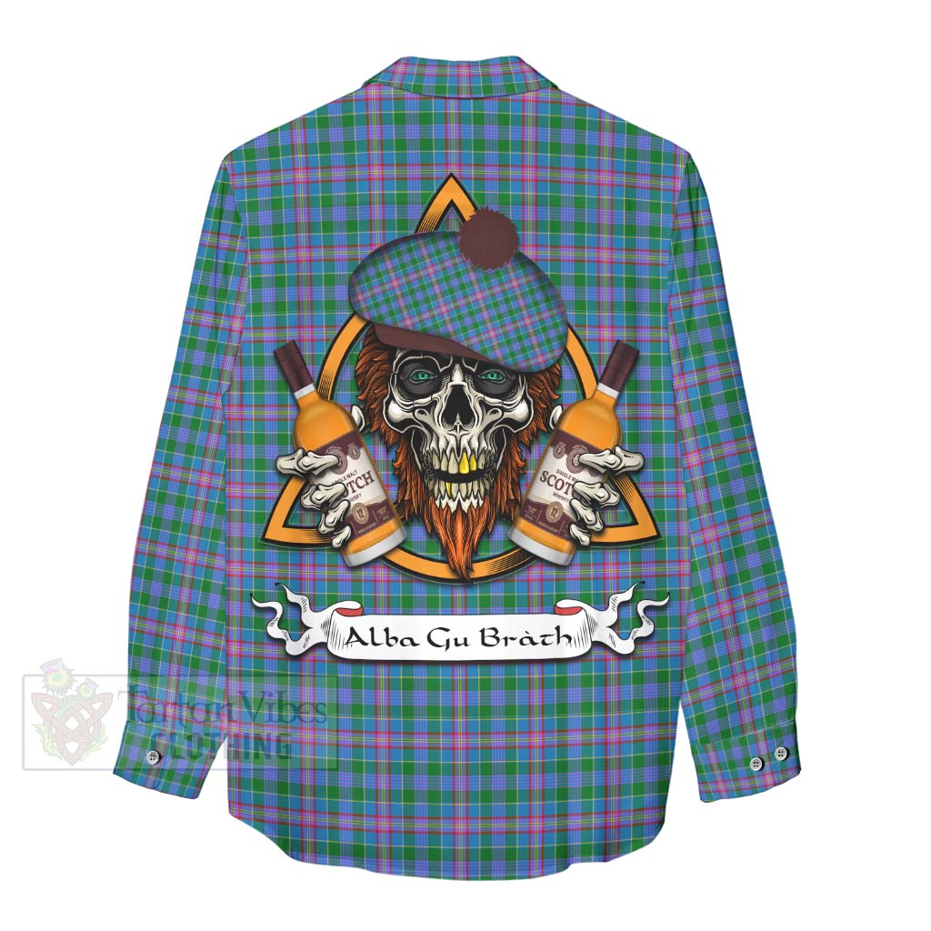 Tartan Vibes Clothing Pitcairn Tartan Women's Casual Shirt with Family Crest and Bearded Skull Holding Bottles of Whiskey