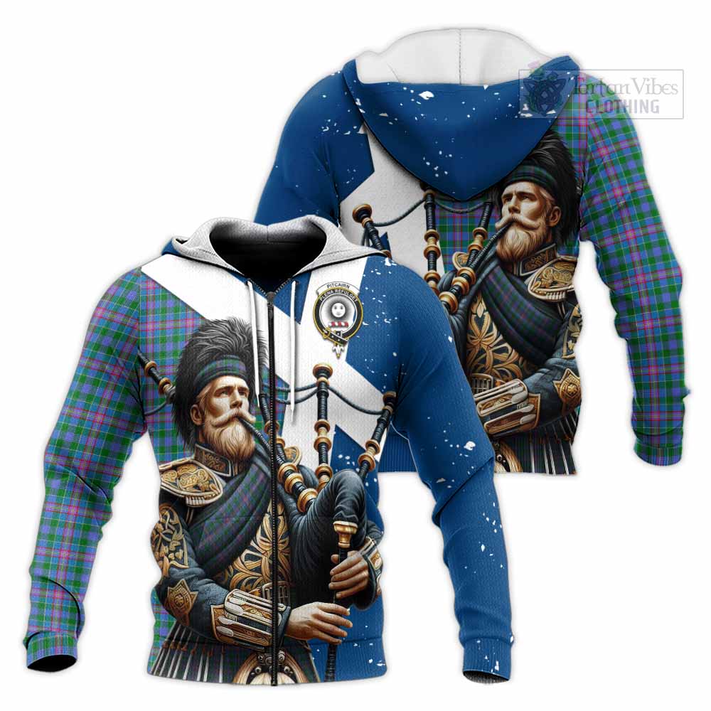 Tartan Vibes Clothing Pitcairn Tartan Knitted Hoodie with Family Crest Scottish Bagpiper Vibes