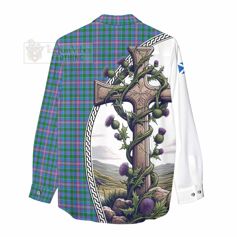 Tartan Vibes Clothing Pitcairn Tartan Women's Casual Shirt with Family Crest and St. Andrew's Cross Accented by Thistle Vines