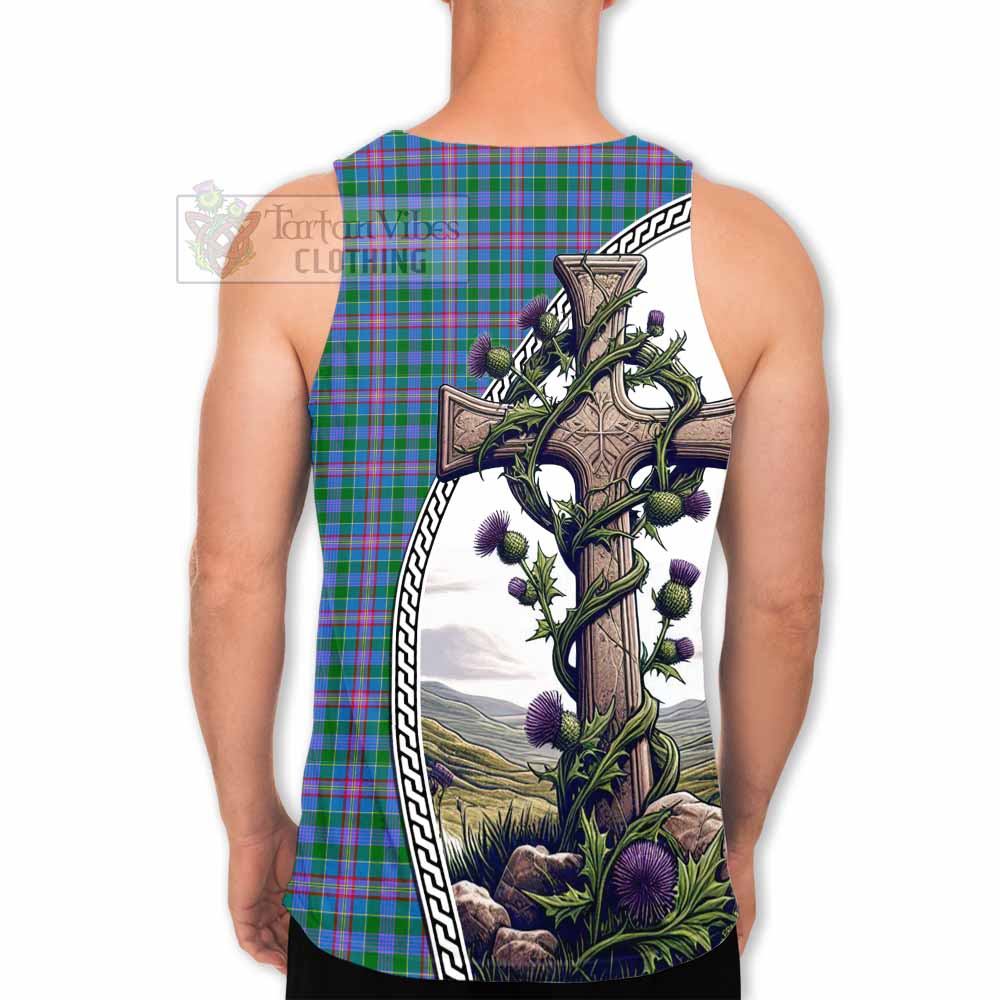 Tartan Vibes Clothing Pitcairn Tartan Men's Tank Top with Family Crest and St. Andrew's Cross Accented by Thistle Vines