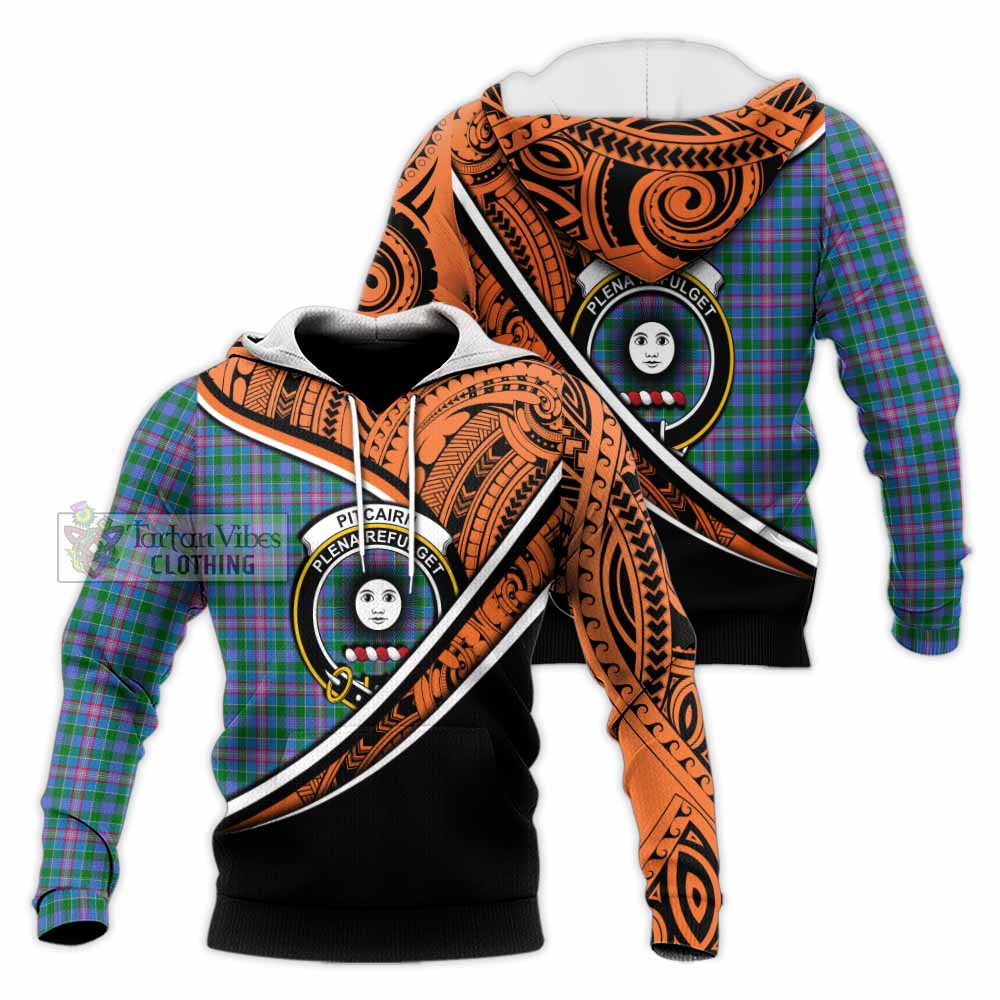 Tartan Vibes Clothing Pitcairn Crest Tartan Knitted Hoodie with Maori Tattoo Style - Orange Version