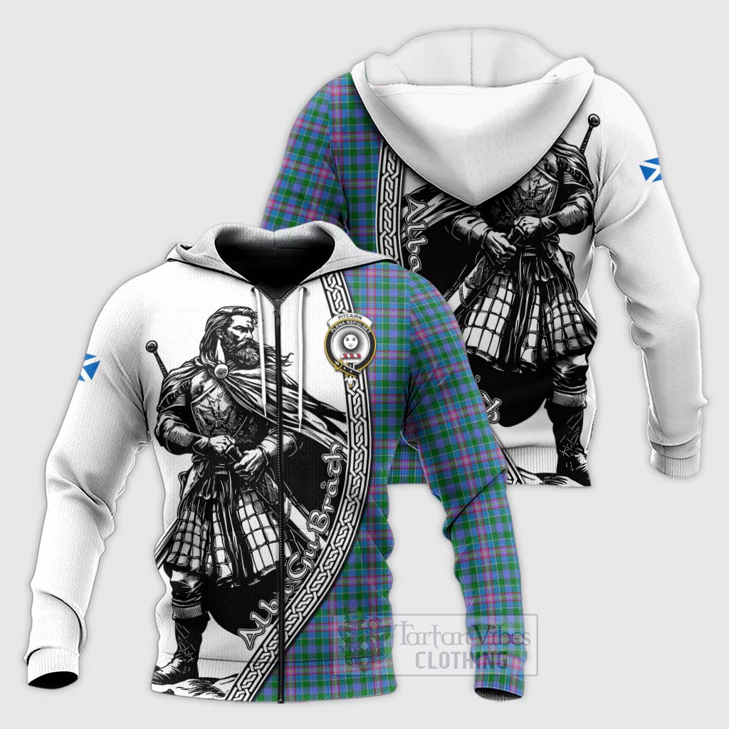 Tartan Vibes Clothing Pitcairn Tartan Clan Crest Knitted Hoodie with Highlander Warrior Celtic Style