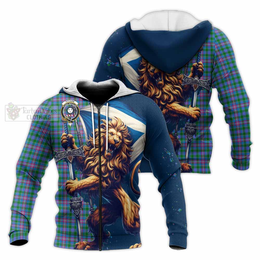 Tartan Vibes Clothing Pitcairn Tartan Family Crest Knitted Hoodie with Scottish Majestic Lion