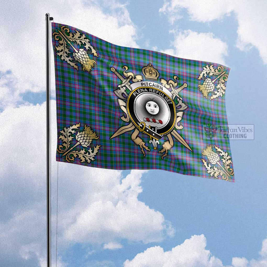 Tartan Vibes Clothing Pitcairn Tartan Flag with Family Crest and Golden Thistle Crossed Sword Design