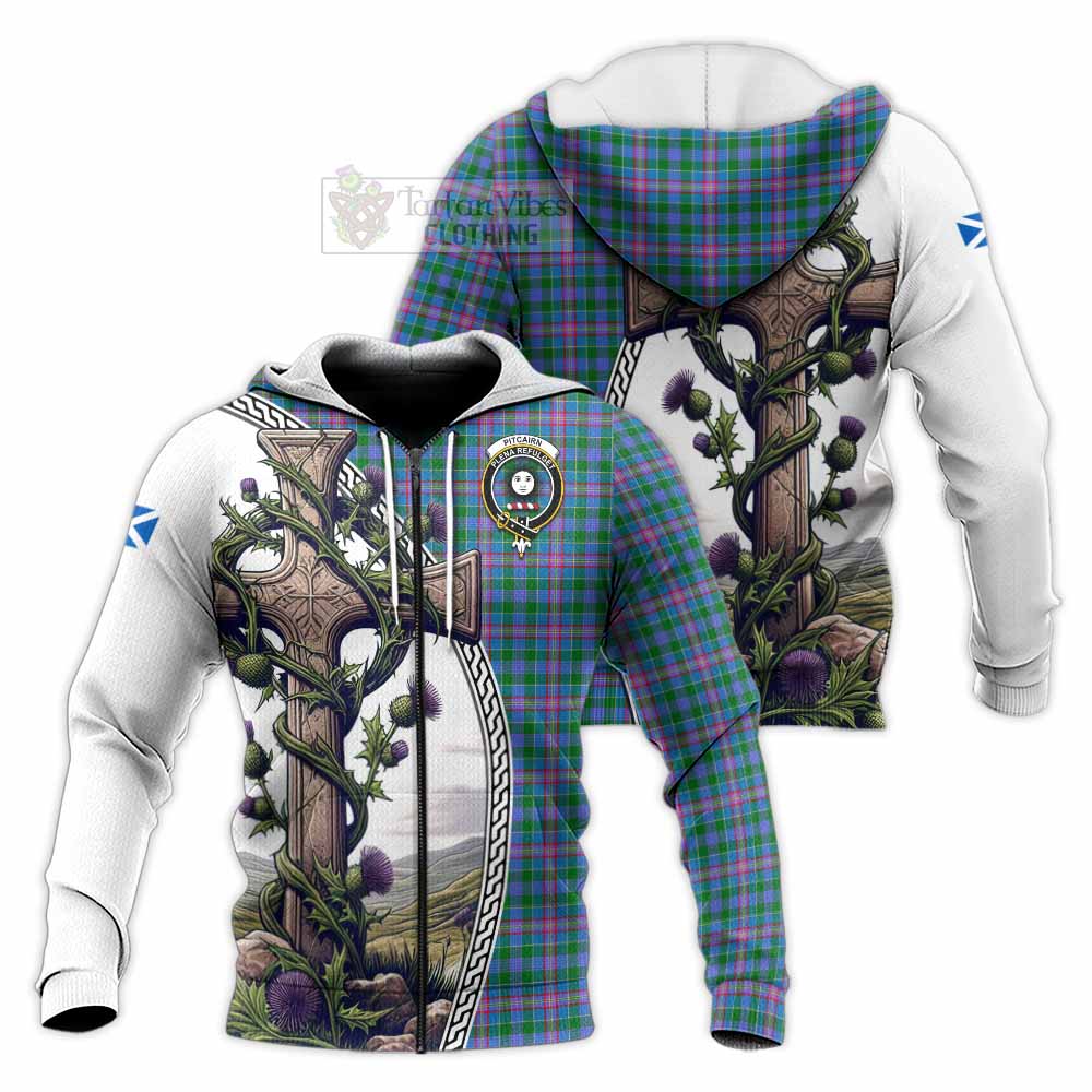 Tartan Vibes Clothing Pitcairn Tartan Knitted Hoodie with Family Crest and St. Andrew's Cross Accented by Thistle Vines