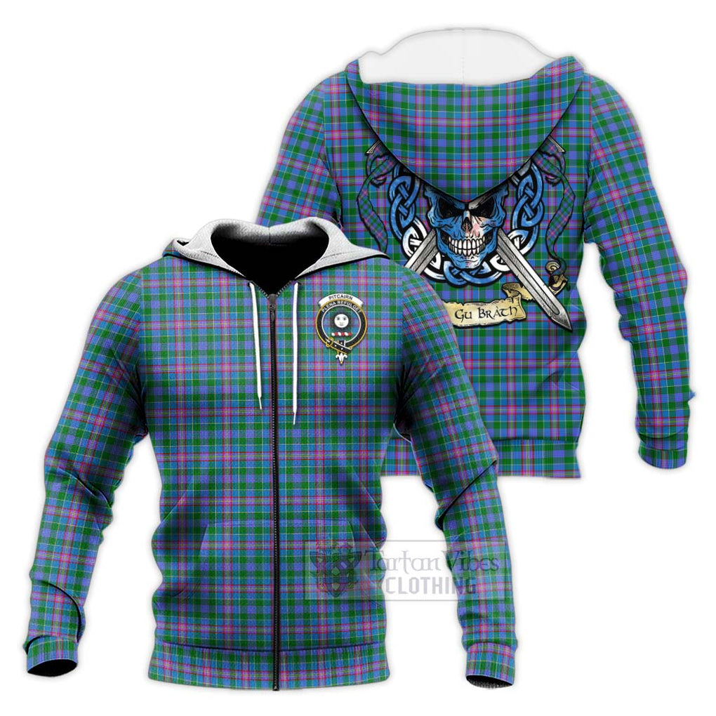 Tartan Vibes Clothing Pitcairn Tartan Knitted Hoodie with Family Crest Celtic Skull Style