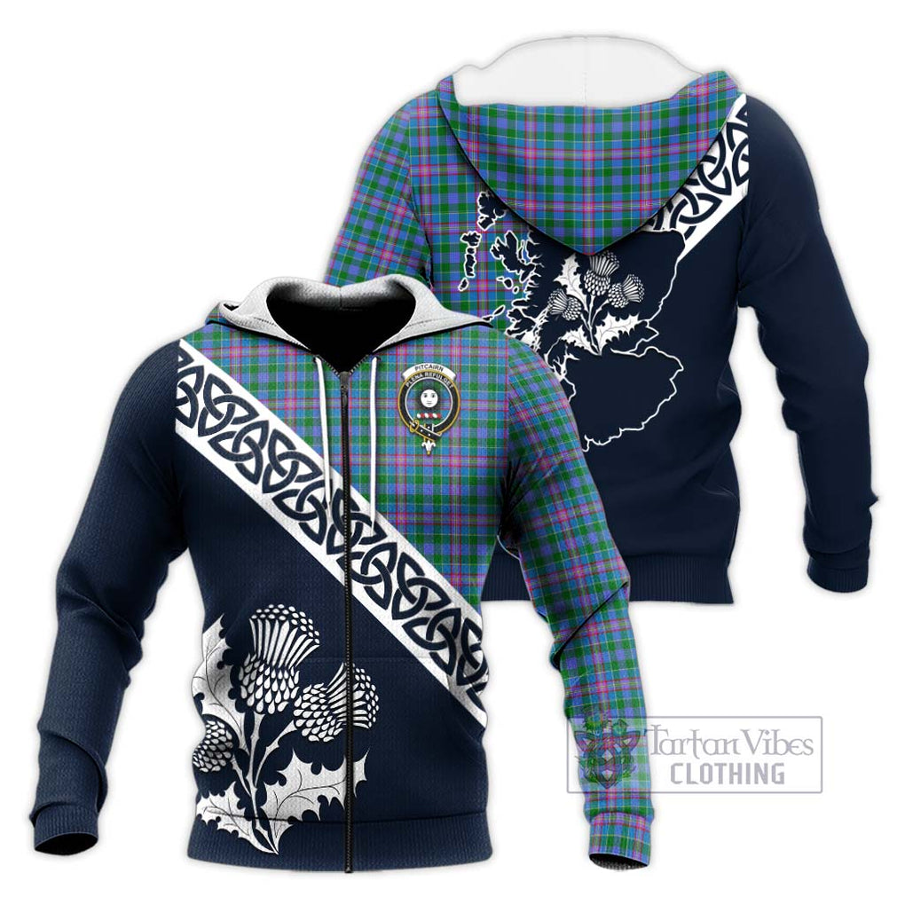 Tartan Vibes Clothing Pitcairn Tartan Knitted Hoodie Featuring Thistle and Scotland Map