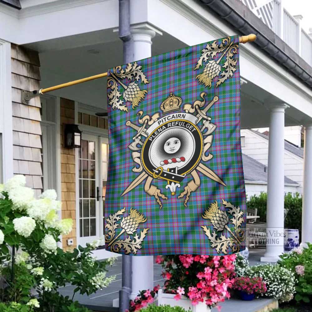 Tartan Vibes Clothing Pitcairn Tartan Flag with Family Crest and Golden Thistle Crossed Sword Design