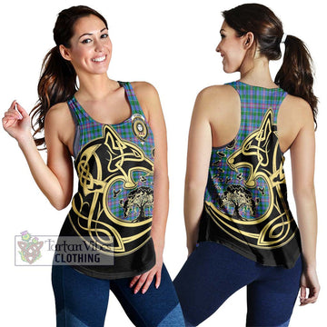 Pitcairn Tartan Women's Racerback Tanks with Family Crest Celtic Wolf Style